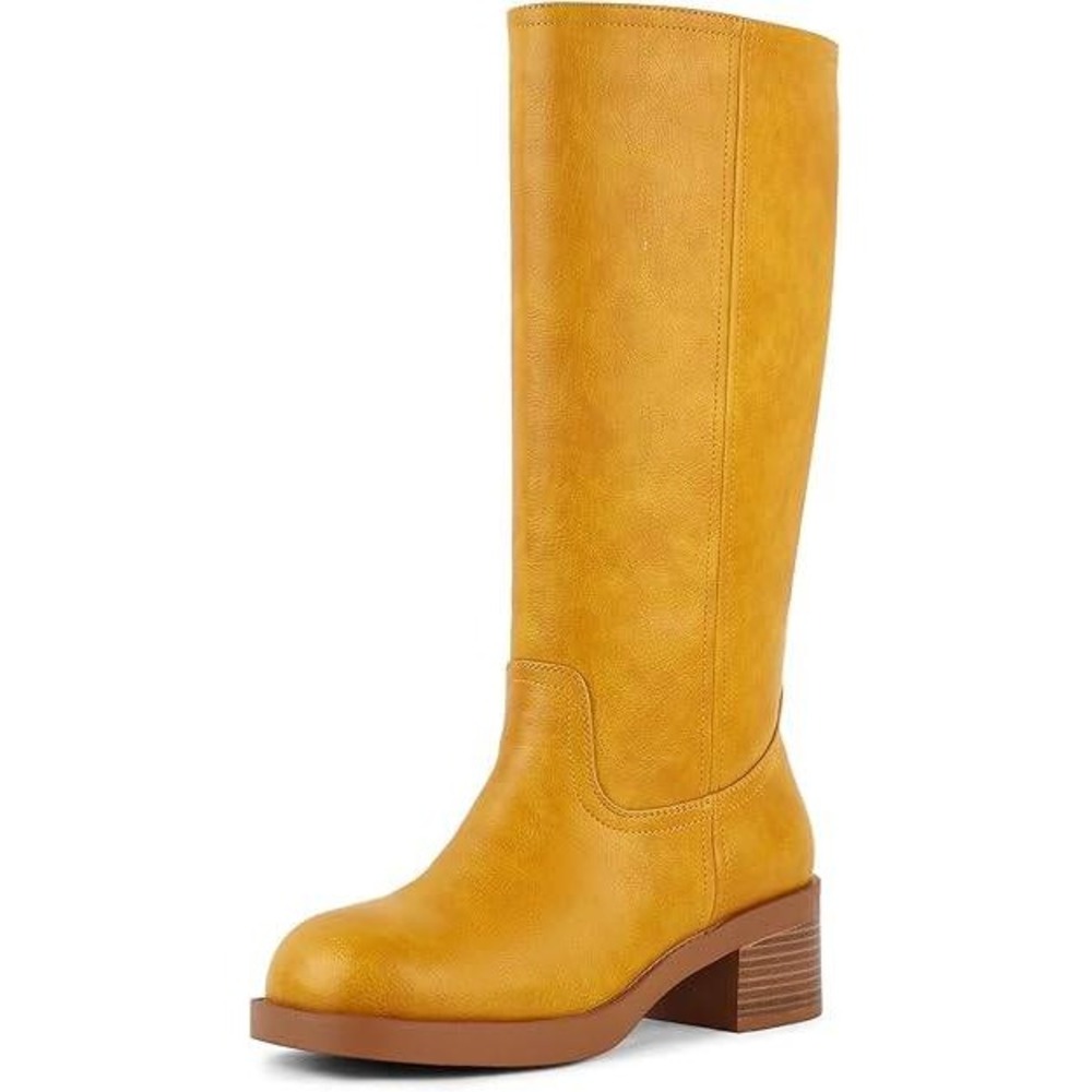 8=Womens Square Toe Knee High Block Heel Gogo Boots Yellow Platform Size 8 - Picture 2 of 5